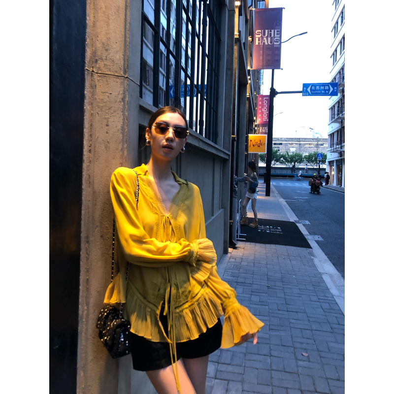 Gakee Official French Lace V-Neck Shirt for Women, Summer Lace-Up Bell-Sleeve Elegant Long-Sleeve Shirt