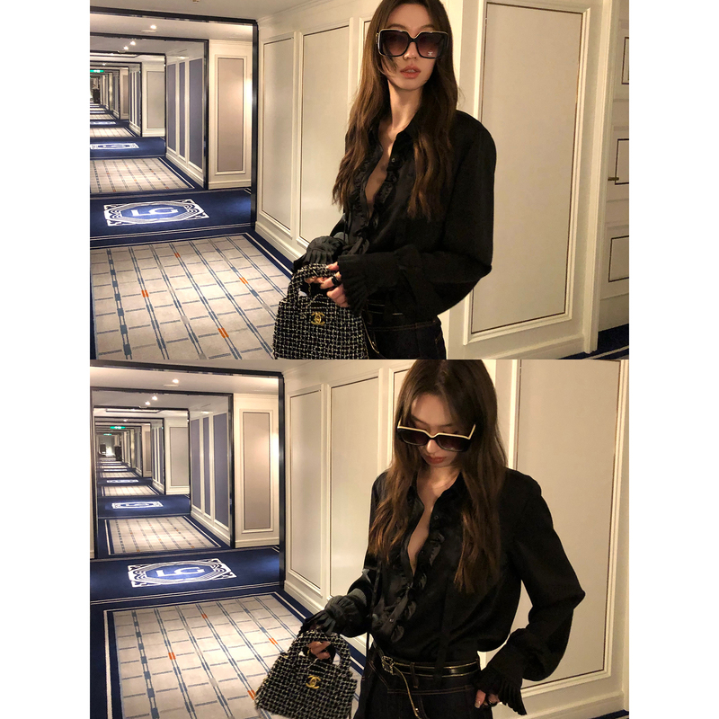 Gakee Official French-Style Black Lace Shirt for Women, New Spring Design, High-End and Elegant Top
