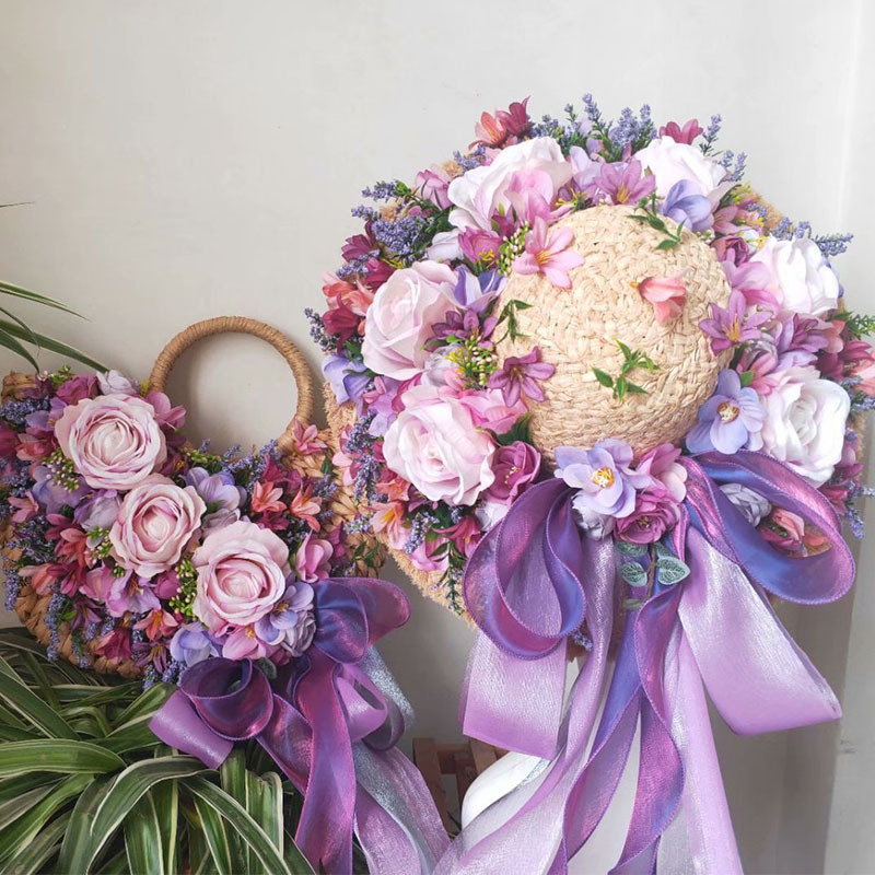 Raffia Purple Flower Straw Hat with Wide Brim for Sun Protection, Breathable, Suitable for Beach Travel and Photography, Natural Herbal, Heavy Craftsmanship