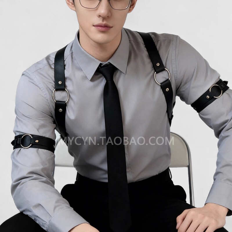 Ascetic Male Model Suit Shirt Leather Tactical Suspenders Punk Bondage Shoulder Straps Trendy Cool Bar Accessories