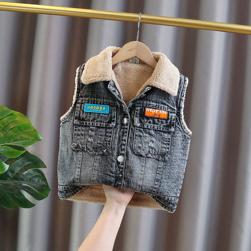2021 autumn and winter new boys and children's clothing denim vest warm plus velvet lamb wool waistcoat vest jacket tops
