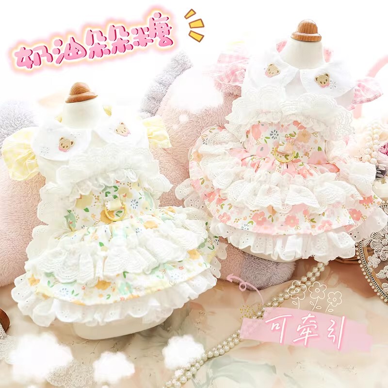 Japanese Mujiq Pet Clothes Spring and Autumn Outfit Cat Princess Dress Lolita Style Leash for Small Dogs Teddy Pets