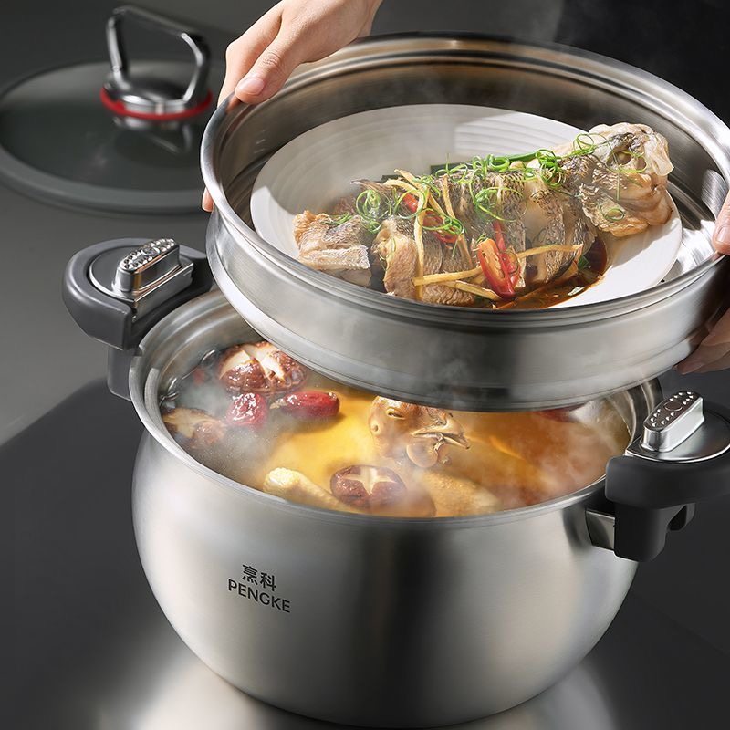 Thickened Stainless Steel Micro-Pressure Stew Pot, Multifunctional Household Steaming and Cooking Pot, 26cm, 7 Liters, Large Capacity, Suitable for All Stoves