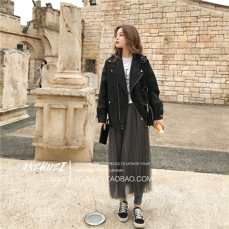 2018 đầu mùa thu mới chic đầu máy pu leather quần áo nữ Hàn Quốc phiên bản của lỏng thường dài tay áo khoác da ngắn áo triều bomber da