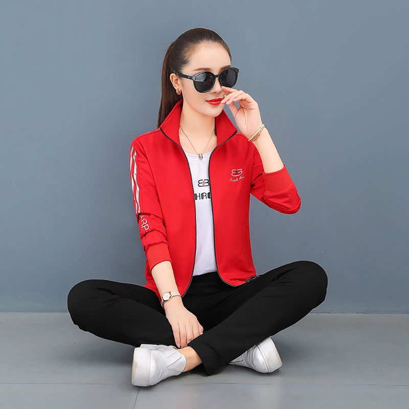 Large size women's cotton three-piece suit ladies cardigan tooling garden clothing autumn casual sportswear suit loose and thin