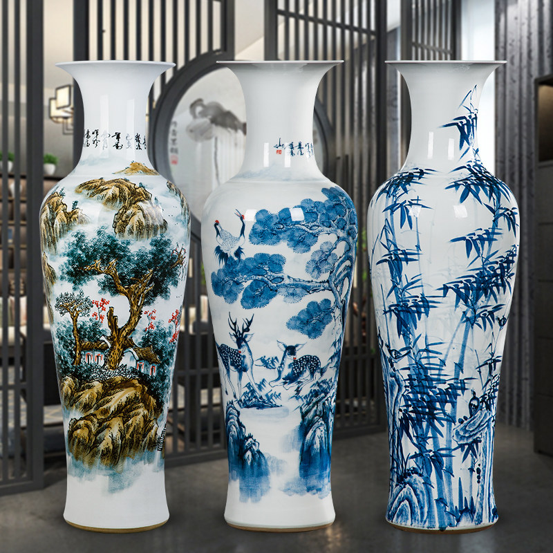 Jingdezhen ceramic vase hand-painted blue and white large porcelain vase 1-1 6 meters floor hotel company living room decoration