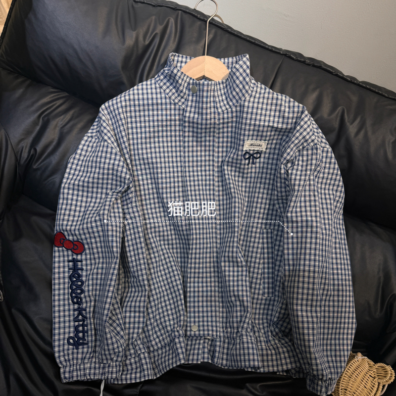Real Shot of the New Spring Korean Style Loose and Versatile Long-Sleeved Pure Cotton Plaid Embroidered Bow Kt Cat Jacket