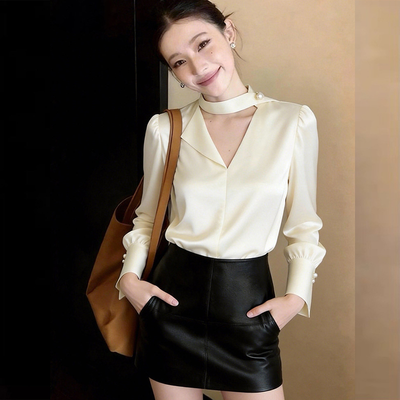 French-Style V-Neck Halter Shirt for Women, Spring and Autumn, Petite Size, High-End Acetate Satin Blouse with Puff Sleeves
