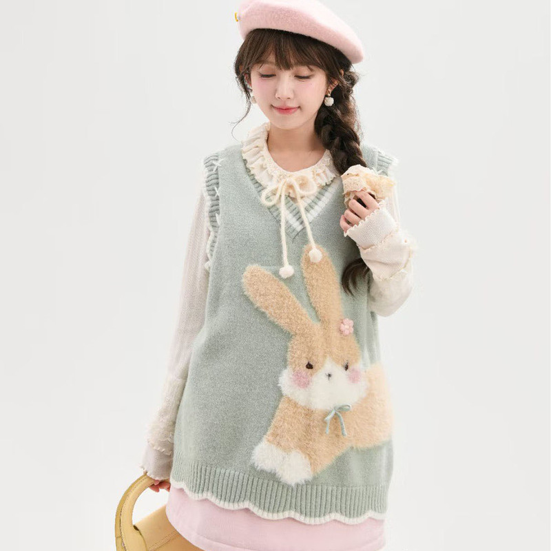 College Style Color-Block V-Neck Rabbit Jacquard Knit Vest for Women, New Autumn and Winter Playful Youthful Layered Sweater Vest