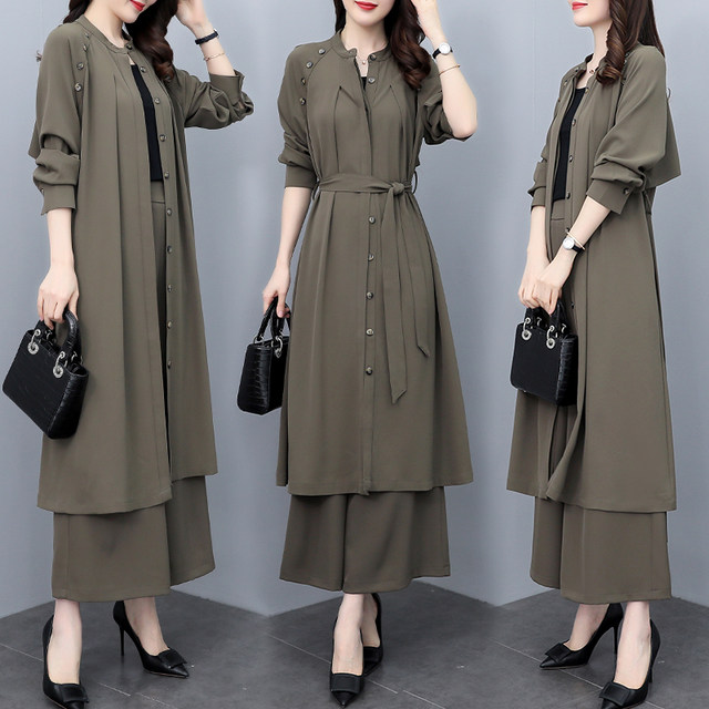 2023 spring new large size women's clothing mid-length loose coat wide-leg pants two-piece casual fashion suit for women