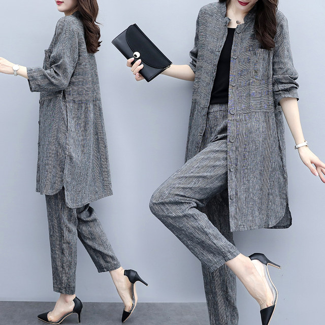 2023 spring new large size women's clothing cardigan top pants two-piece set casual fashion wide-leg pants suit women look thin