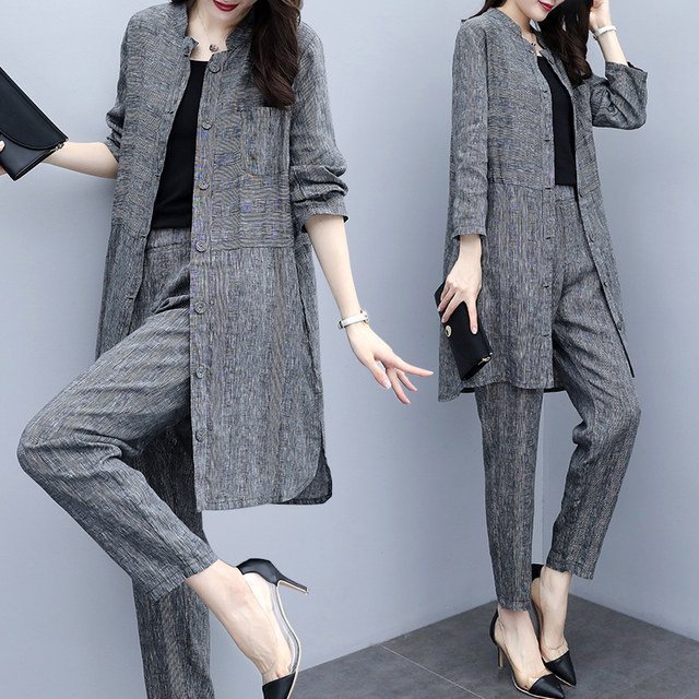 2023 spring new large size women's clothing cardigan top pants two-piece set casual fashion wide-leg pants suit women look thin