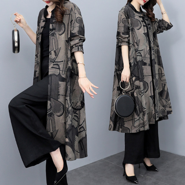 Temperament national style two-piece women's spring new loose all-match printed mid-length coat cotton linen wide-leg pants suit