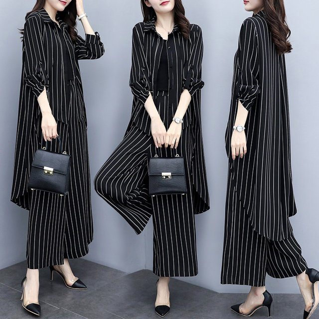 2023 spring new large size women's loose black striped cardigan two-piece casual fashion wide-leg pants suit