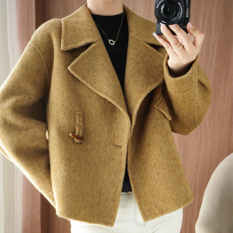 High-End Double-Sided Wool Coat for Women, Trench Coat with Wool Buttons, Premium Solid Color Woolen Short Style for Petite Figures