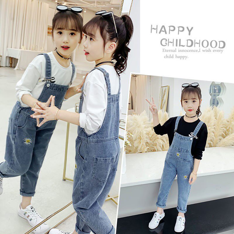 Girls spring denim overalls embroidery suit 2022 new children's clothing spring, summer and autumn clothing casual Korean version