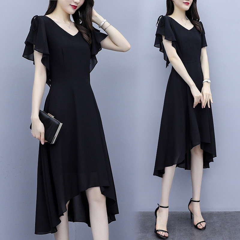 Hong Kong big size women's dress Fat mm Slim Black Dress 2019 Summer New Fashion Snowspinning V Collar Dress