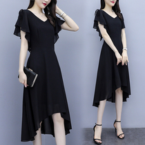 Hong Kong large size women's fat mm thin black skirt 2019 summer new fashion chiffon V-neck dress