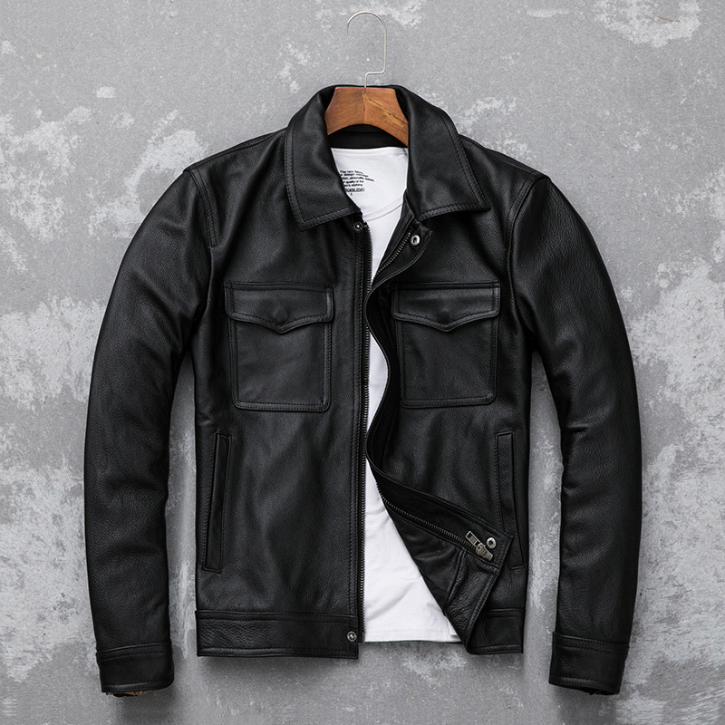 Real Leather Leather Clothing Male short section Cowboy jacket Head layer Bull Leather Turnover Large Size Manhood Genuine Leather Youth Jacket Slip