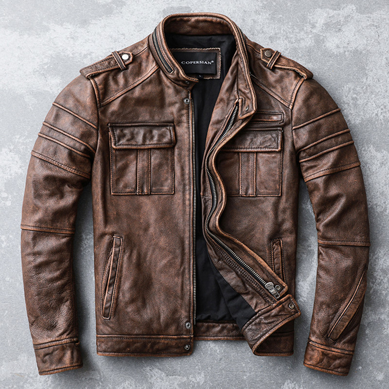 First layer cowhide leather leather jacket men's retro jacket stand-up collar made old motorcycle suit yellow brown leather jacket yellow cowhide tide