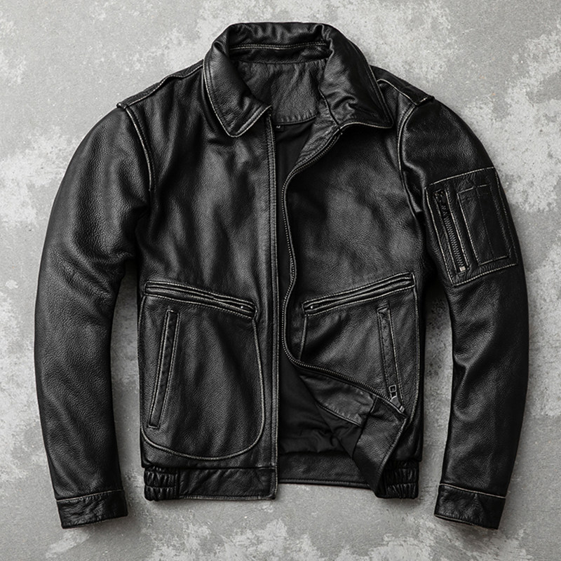 First layer cowhide leather leather jacket men's pure leather jacket edging old youth motorcycle jacket Lapel flight jacket