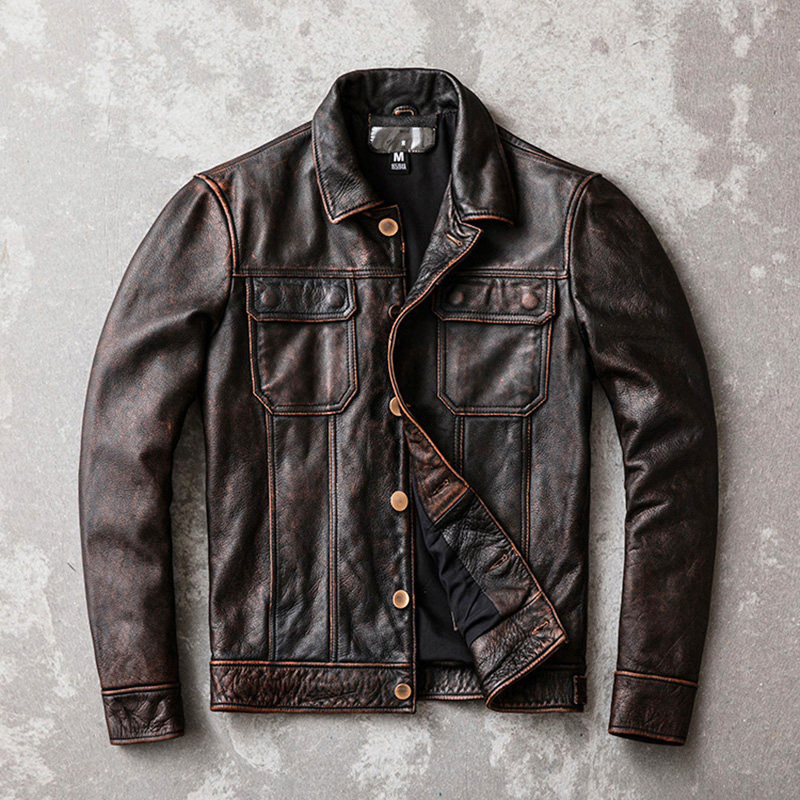 First layer cowhide genuine leather jacket men's short retro jacket red brown washed old leather denim jacket slim fit tide