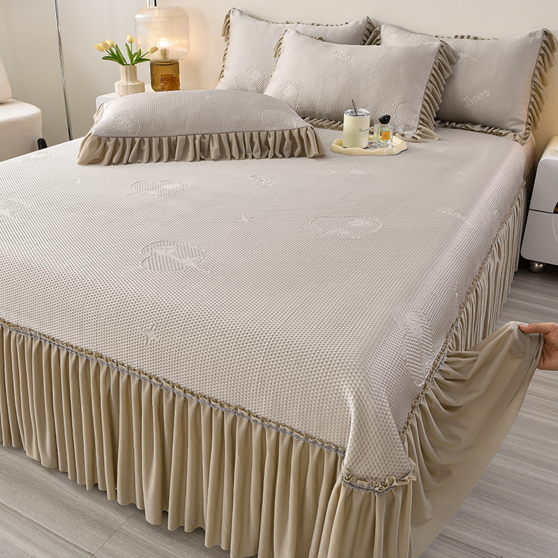 2026 New Ice Silk Cooling Three-Piece Set, Ice Bean Bed Sheet Skirt, Summer Washable and Machine Washable, Cooling Silk Air-Conditioning Mat