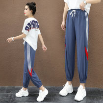  Summer sports pants Womens loose drawstring pants Girl nine-point pants Junior high school and high school students summer thin casual