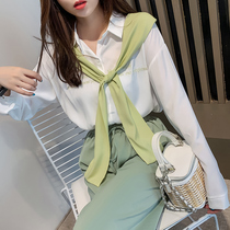 Niche long-sleeved autumn womens thin long summer design sense French shirt blouse square collar stitching