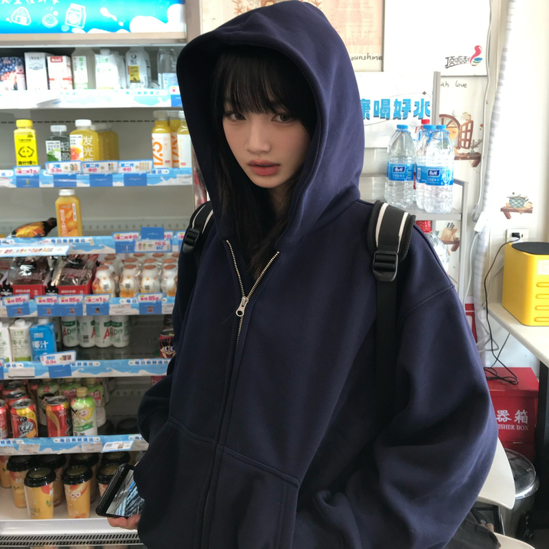American-Style Navy Blue Cardigan Sweatshirt Jacket for Women, Autumn and Winter 2025 New Style, Fleece-Lined, Casual, Loose, Slimming, Hooded Top American-Style Navy Blue Cardigan Sweatshirt Jacket for Women, Autumn and Winter 2025 New Style, Fleece-Lined, Casual, Loose, Slimming, Hooded Top