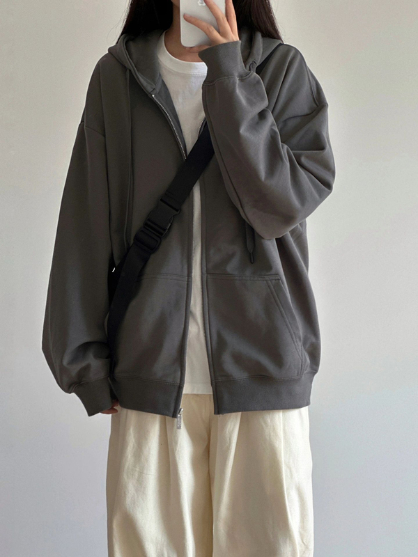 American Retro Gray Hooded Sweatshirt for Women Oversize Autumn and Winter Fleece-Lined Loose Korean Style Lazy Style Top Jacket