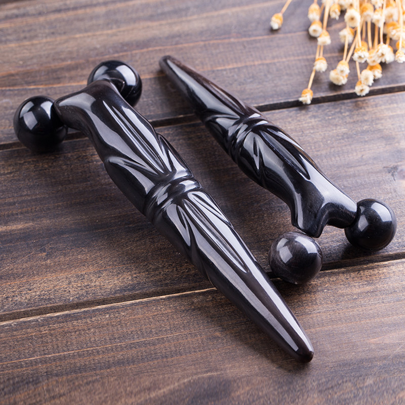 Natural black buffalo horn roller wheel eye massage stick Shoulder Neck Massager Horn Dial Fascia Bar