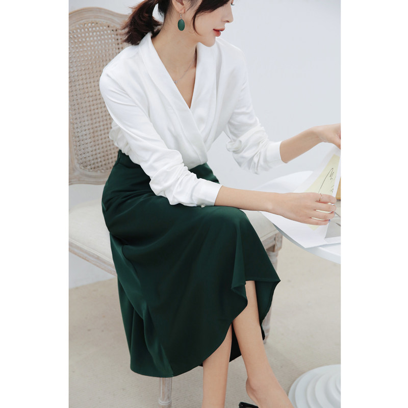 Spinning acetic satin matte cross-collar pearl white shirt temperament fashionable silky spring and autumn lazy coat