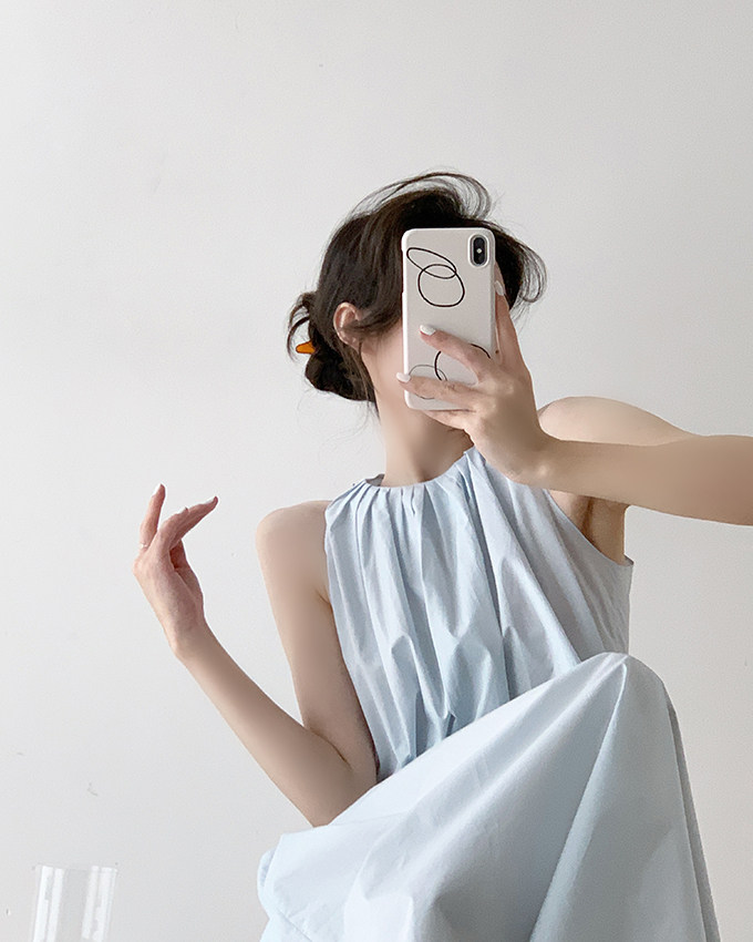 挂脖无袖连衣裙女度假宽松蓝色裙子法式复古吊带裙长裙高级感夏装详情16