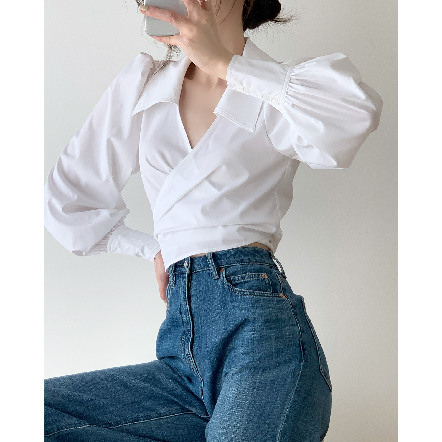 Fa-style vintage shirt female capes cross design sensation small crowdsourced butterfly knot long sleeve temperament close-up blouses woman