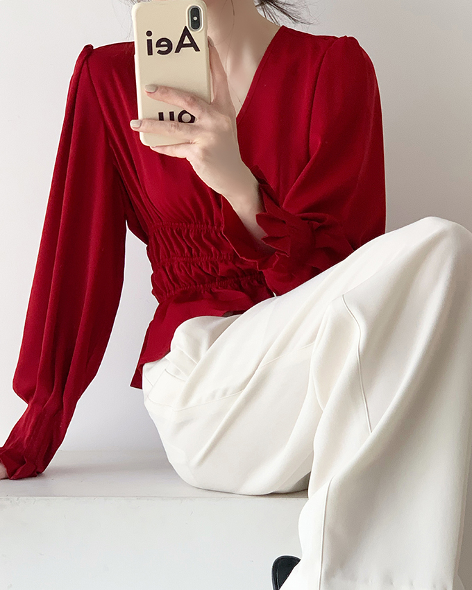 Fa-style retro lantern sleeveless red shirt woman design sensation small crowdcast-waist display slim long sleeve lotus leaf side blouse