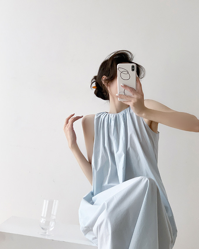 挂脖无袖连衣裙女度假宽松蓝色裙子法式复古吊带裙长裙高级感夏装详情19