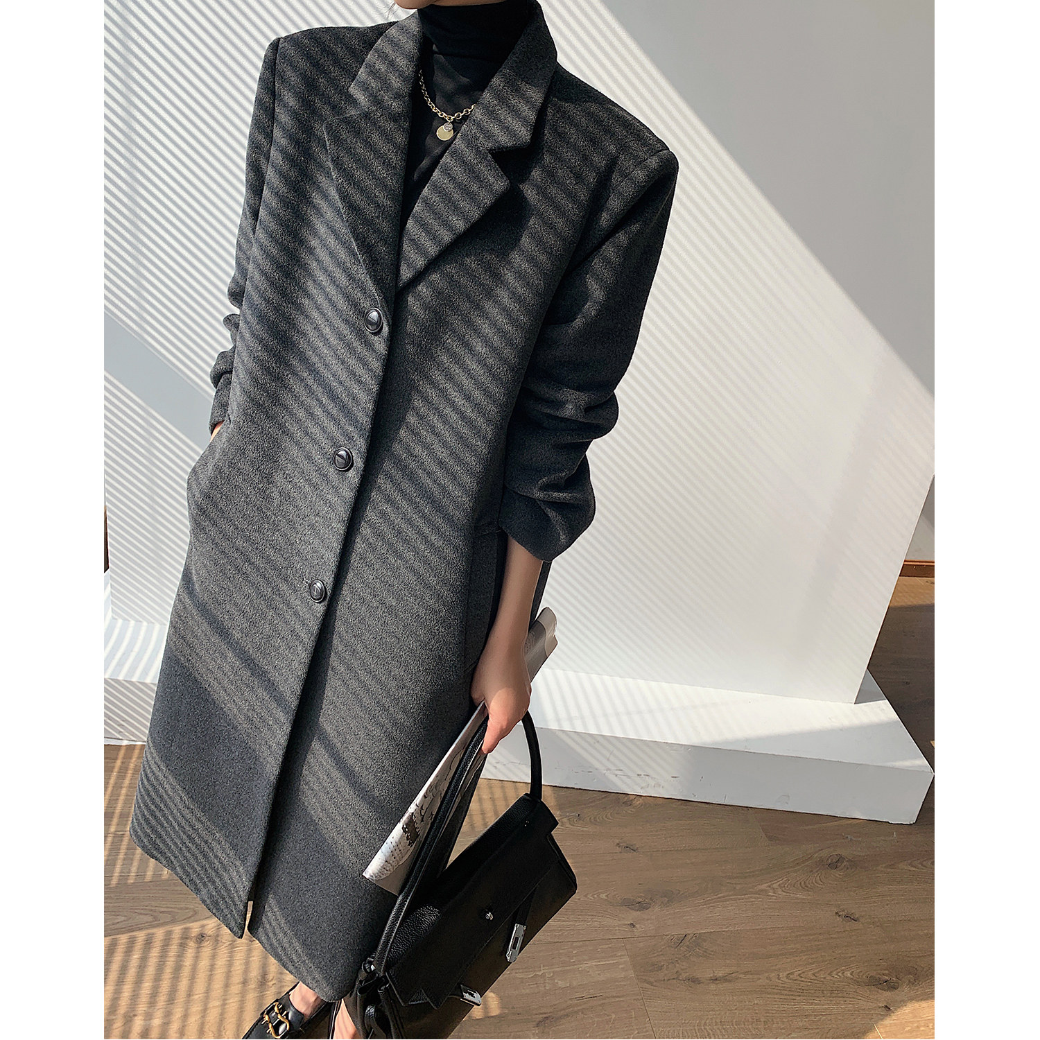 Clear high gray over knee coat woman in autumn winter long vintage Hepburn retro coat