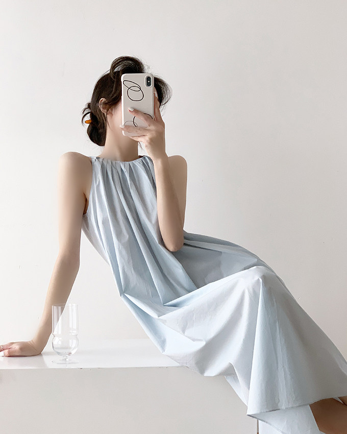 挂脖无袖连衣裙女度假宽松蓝色裙子法式复古吊带裙长裙高级感夏装详情26