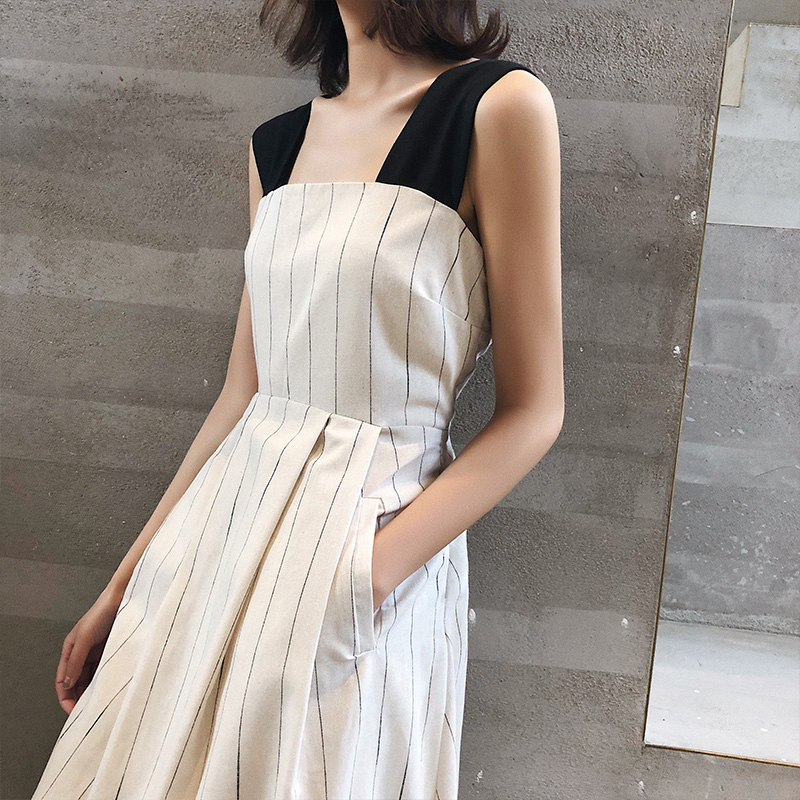 2022 wide shoulder strap striped long dress very fairy French small crowdsourced fashion foreign fashion sleeveless hanging strap skirt female summer