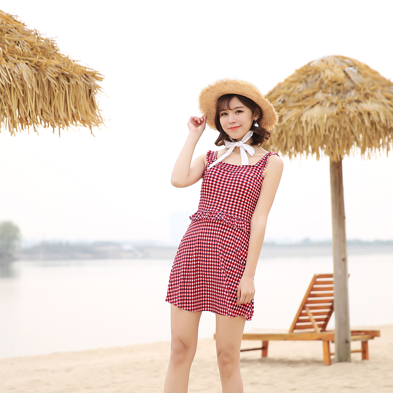 Áo tắm một mảnh kẻ sọc, váy, thon, bụng che, ngực nhỏ, bảo thủ, bảo thủ, nhỏ, tươi, tắm nước nóng mùa xuân đồ bơi 1 mảnh dáng váy