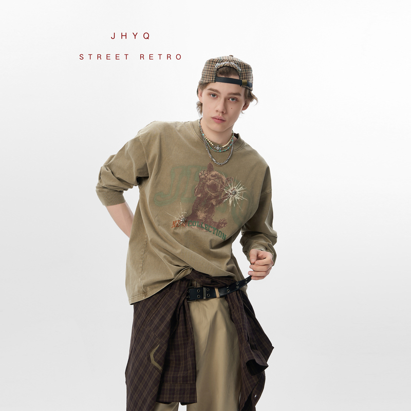 Angry Puppy Jhyq Purifying Eyeballs Heavy Duty Rivet Print Washed Long Sleeve Sweatshirt Trendy American Retro T-Shirt