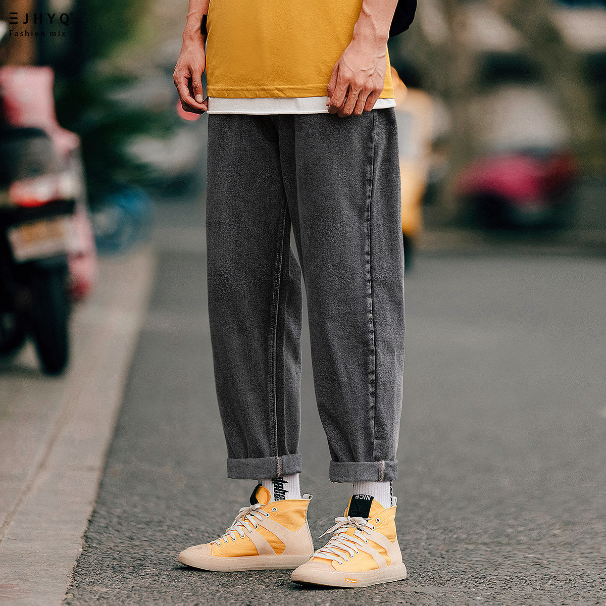 (clear bin RMB50 ) jeans Men's loose straight cylinder Han version Trend 100 Ride Port Wind THIN SMOKE PIPE PANTS