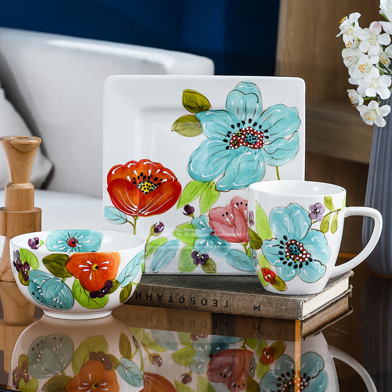 American Flower Glaze Ceramic Plate Bowl Breakfast Cup Microwave Microwave Fitness Bowl Dishware