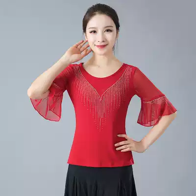 National standard Latin dance top women's adult autumn new dance clothes fashionable diamond-encrusted modern dance practice clothes mid-sleeve