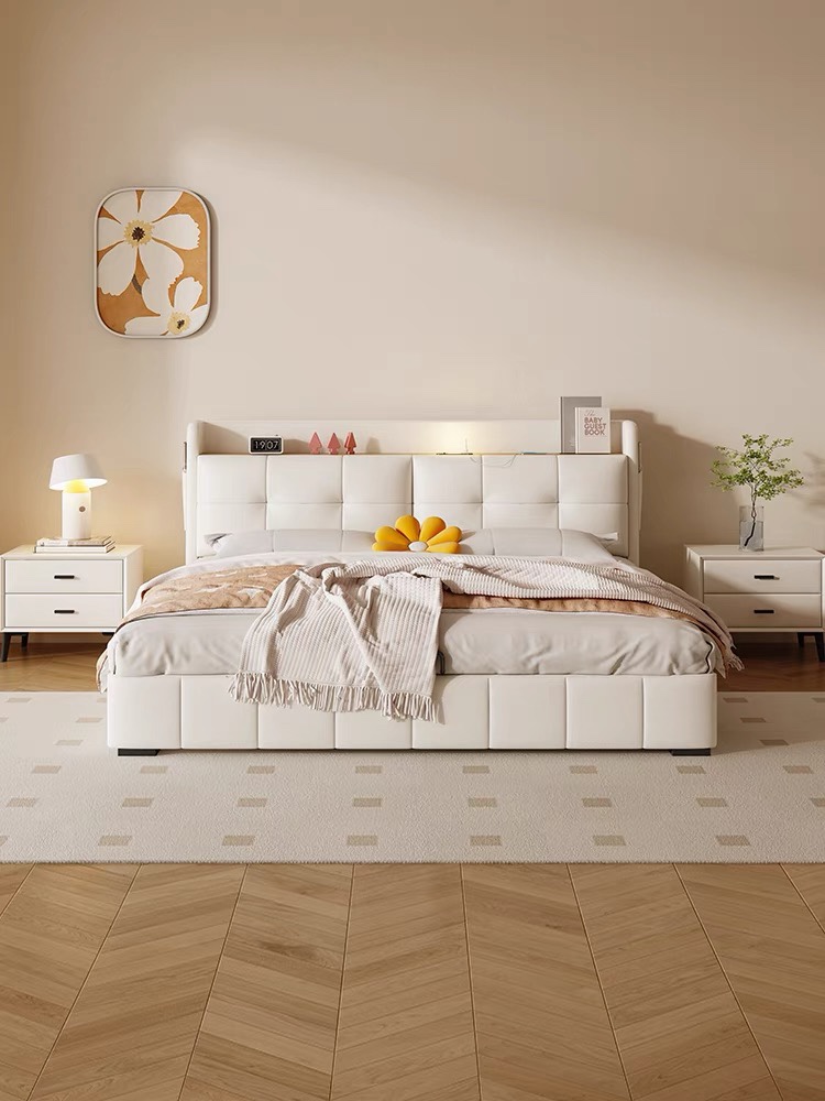 Modern minimalist cream wind master bedroom with double bed solid wood willy-style genuine leather bed-Taobao