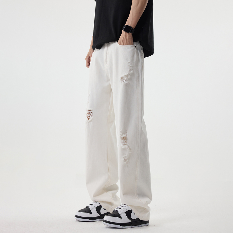 Silents Pure Cotton Ripped White Jeans for Men, Trendy American High Street Style, Loose Straight Pants