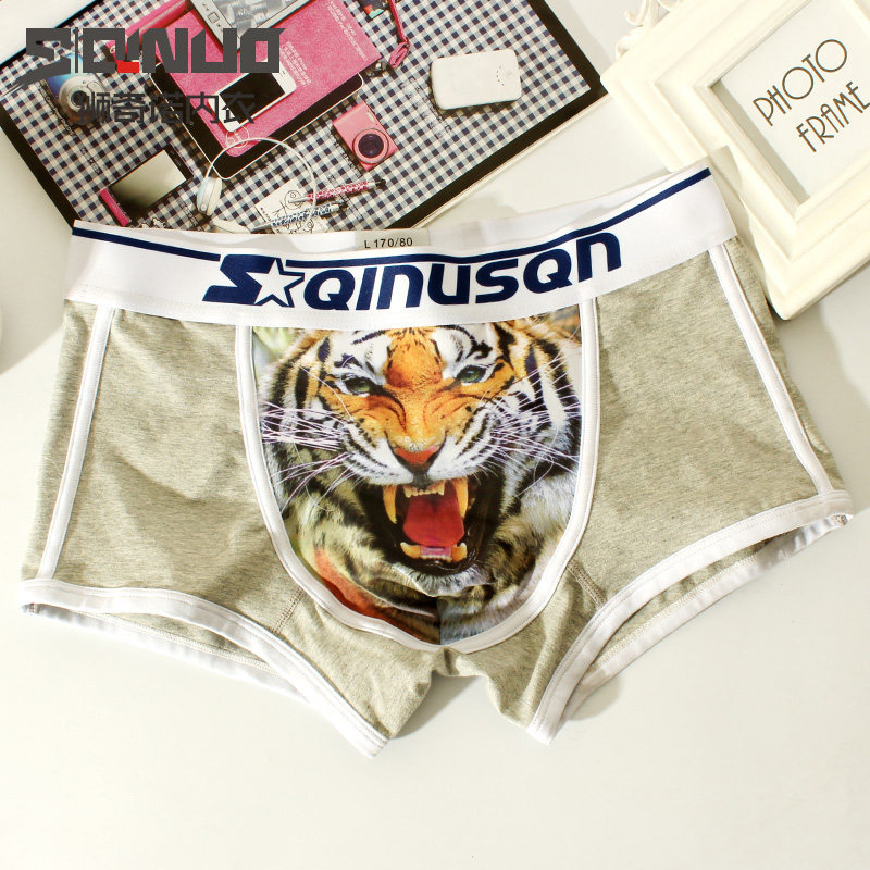 Tide men's underwear quadruple trousers Young 3D tiger head pattern cotton low waist sexy four - corner strip