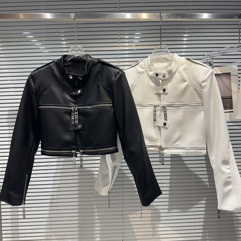 Trendy 2026 Autumn New Style Hot Girl Horizontal Zipper Stand Collar Shoulder Pad Pu Leather Short Jacket Biker Jacket Leather Coat