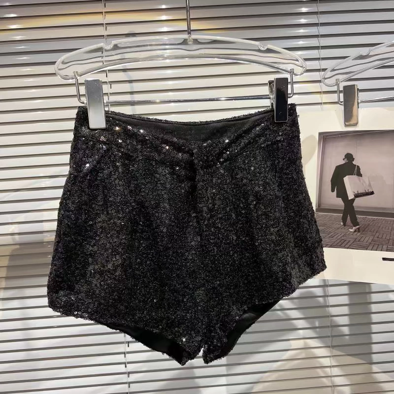 biker shorts women Fashion Sequins Loose Shorts Women Streetwear High Waist Wide Leg Mini Pants Female Elastic Waist Casual Summer Shorts 2022 New swim trunks